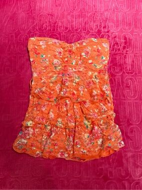 Almost Famous Floral Lace Strapless Top • Orange • Y2K Ruffle Corset Style